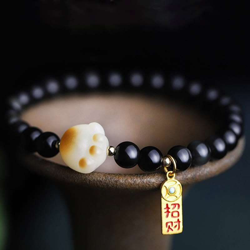 Buddha Stones黒曜石 猫の足 菩提樹幸運繁栄魔除け 浄化ブレスレット - 6mm黒曜石（手首周り：14～16cm） - image 1