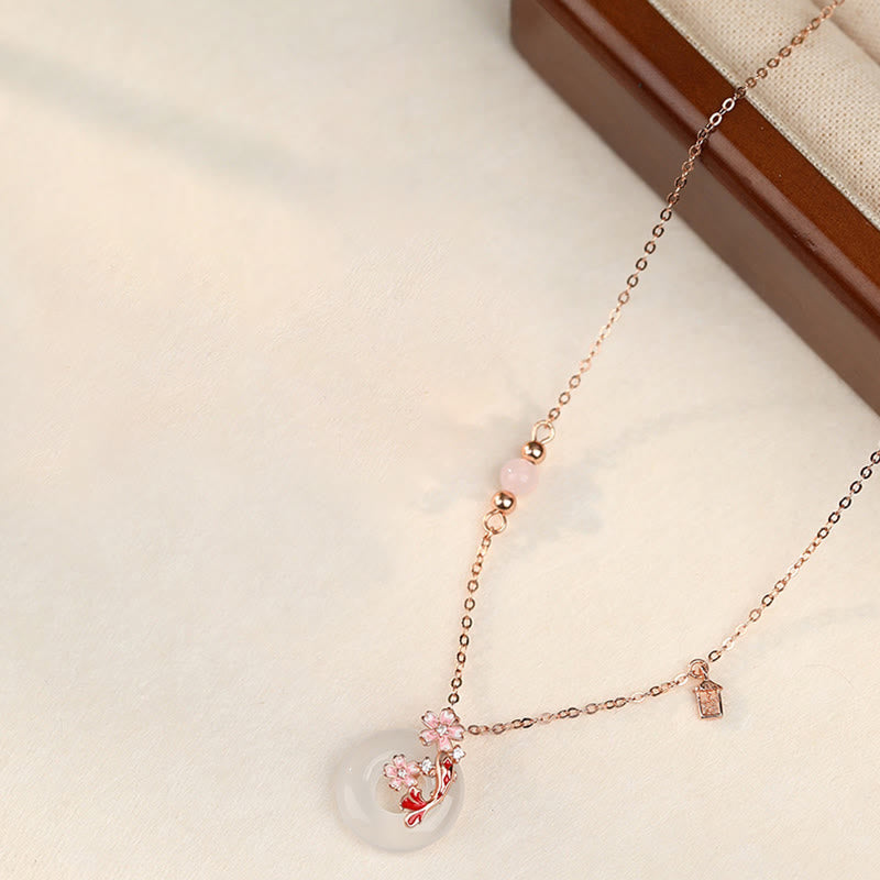 Buddha Stonesカルセドニー ピンククリスタル 925スターリングシルバー 花 鯉平和のお守りチャームポジティブネックレスペンダント - image 1