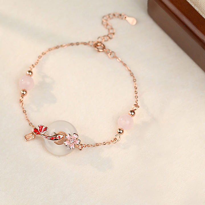 Buddha Stonesカルセドニー ピンククリスタル 925スターリングシルバー 花 鯉平和のお守りチャーム幸運を呼ぶブレスレット - image 1