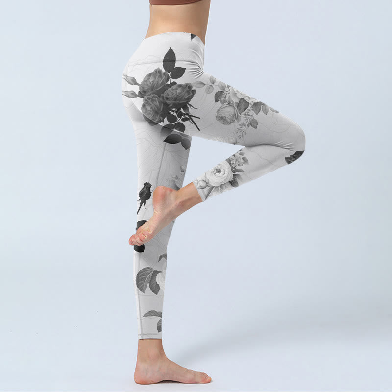 Buddha Stonesブラック ホワイト ローズ ジムレギンス レディース ヨガパンツ - image 4