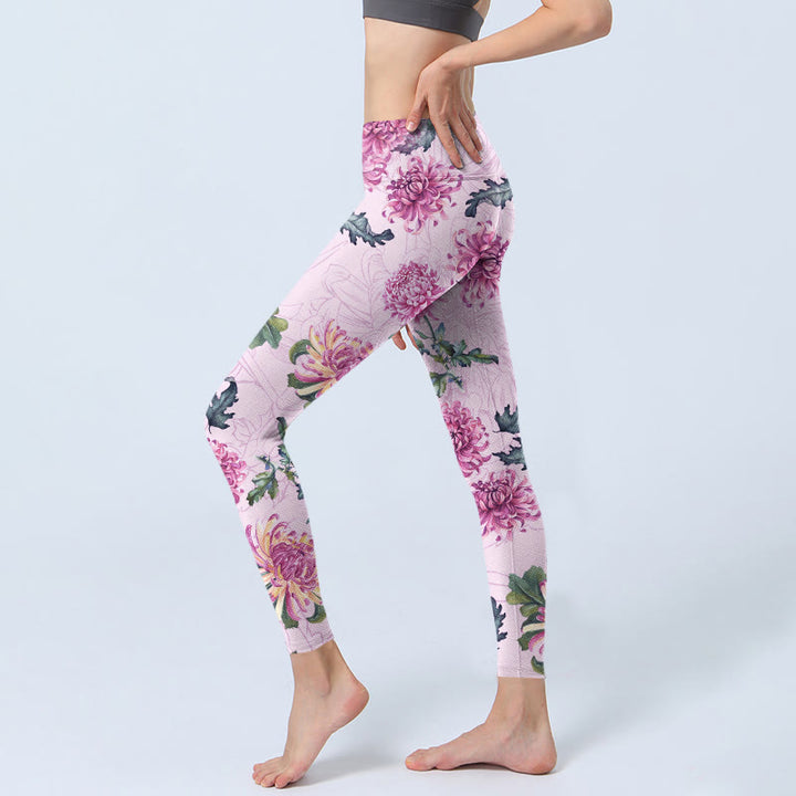 Buddha Stonesピンク 菊柄 ジムレギンス レディース ヨガパンツ - image 3