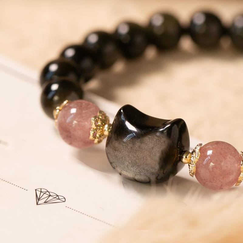 Buddha Stonesブラックオブシディアン ストロベリークォーツビーズ シルバーシーンオブシディアン キャットヘッド ストレングスブレスレット - image 3