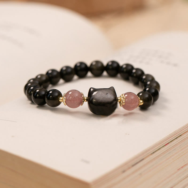Buddha Stonesブラックオブシディアン ストロベリークォーツビーズ シルバーシーンオブシディアン キャットヘッド ストレングスブレスレット - image 2