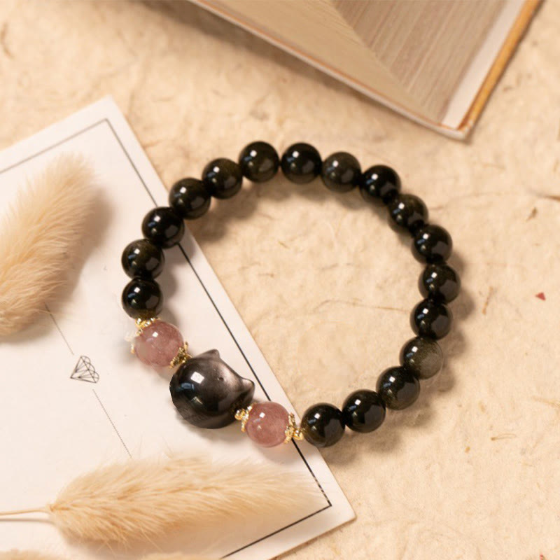 Buddha Stonesブラックオブシディアン ストロベリークォーツビーズ シルバーシーンオブシディアン キャットヘッド ストレングスブレスレット - ブラックオブシディアン（手首周り：15～17cm） - image 1
