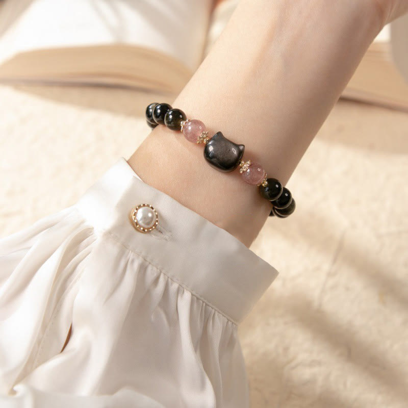 Buddha Stonesブラックオブシディアン ストロベリークォーツビーズ シルバーシーンオブシディアン キャットヘッド ストレングスブレスレット - image 4