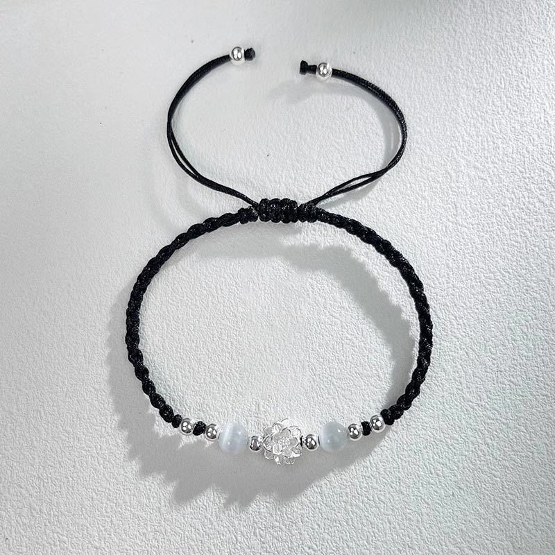 Buddha Stones 999スターリングシルバー ロータスデザイン キャッツアイビーズ プロテクションストリングブレスレット - image 4