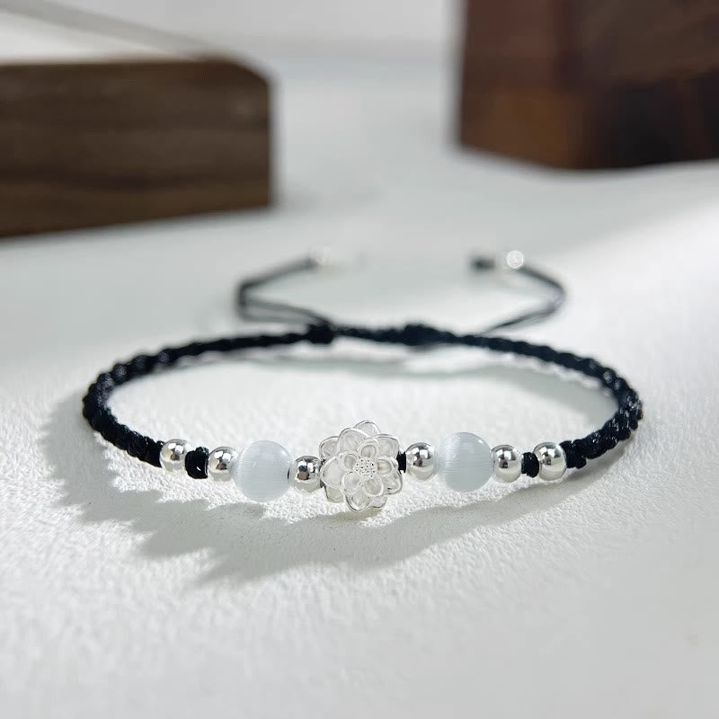 Buddha Stones 999スターリングシルバー ロータスデザイン キャッツアイビーズ プロテクションストリングブレスレット - ロータスブラック（手首周り15～18cm） - image 0
