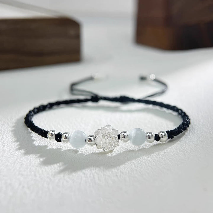 Buddha Stones 999スターリングシルバー ロータスデザイン キャッツアイビーズ プロテクションストリングブレスレット - ロータスブラック（手首周り15～18cm） - image 0