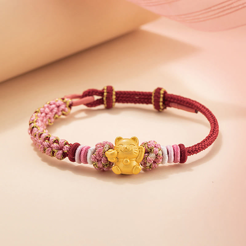 Buddha Stonesハンドメイド 999 スターリングシルバー幸運繁栄の猫インゴット 桃の花 幸運 赤いロープブレスレット - 赤いロープ（手首周り14～19cm） - image 1