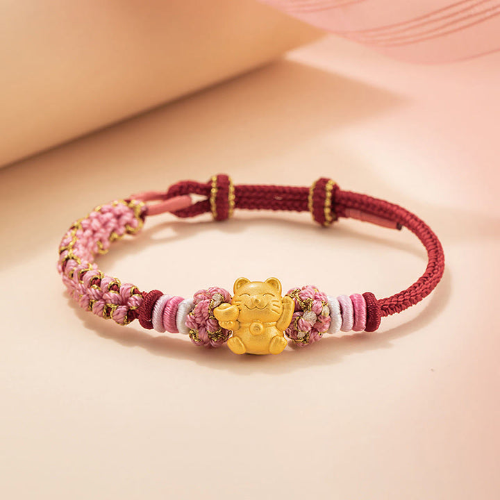 Buddha Stonesハンドメイド 999 スターリングシルバー幸運繁栄の猫インゴット 桃の花 幸運 赤いロープブレスレット - 赤いロープ（手首周り14～19cm） - image 1