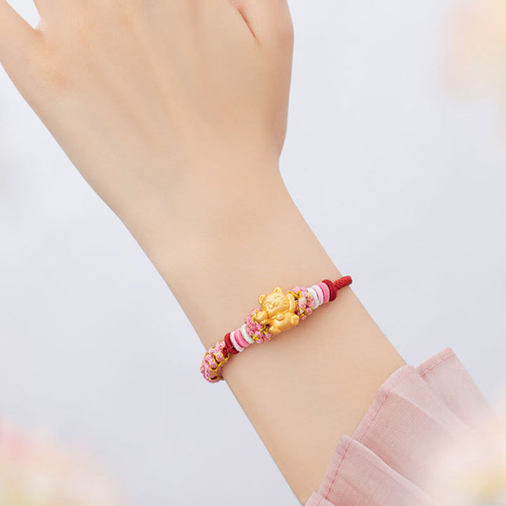 Buddha Stonesハンドメイド 999 スターリングシルバー幸運繁栄の猫インゴット 桃の花 幸運 赤いロープブレスレット - image 9
