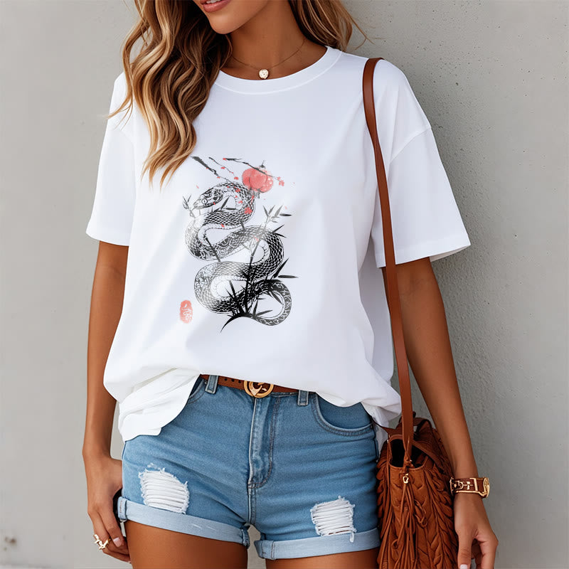 Buddha Stones、ランタン、竹の葉、蛇のデザインコットンTシャツ - image 9