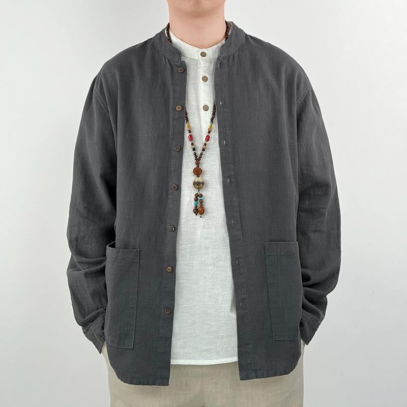 Buddha Stonesカジュアル 無地 ラミー リネン コットン メンズ シャツ ポケット付き - image 2