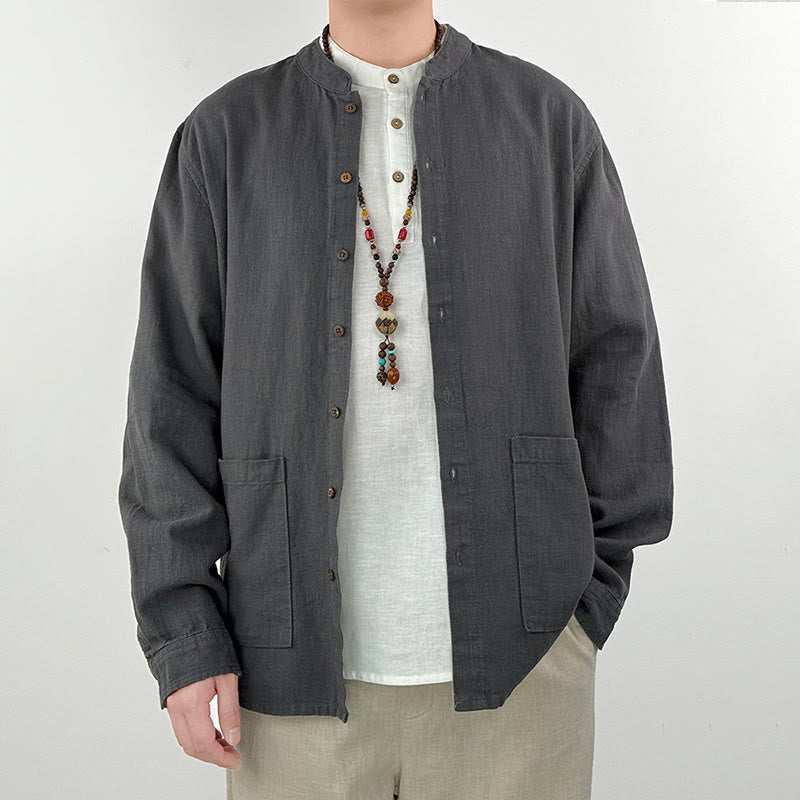 Buddha Stonesカジュアル 無地 ラミー リネン コットン メンズ シャツ ポケット付き - グレー - US/UK/AU42、 EU52 (3XL) - image 0