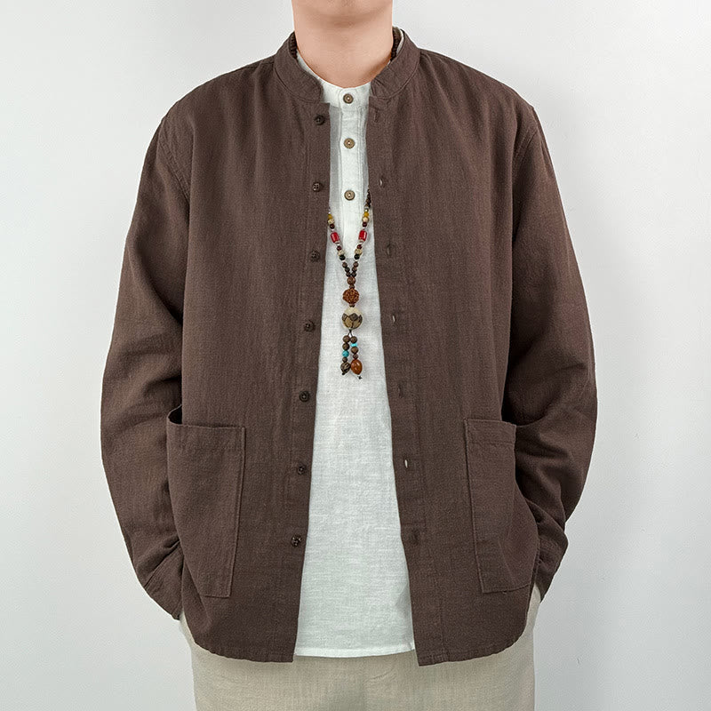 Buddha Stonesカジュアル 無地 ラミー リネン コットン メンズ シャツ ポケット付き - サドルブラウン - US/UK/AU42、 EU52 (3XL) - image 8
