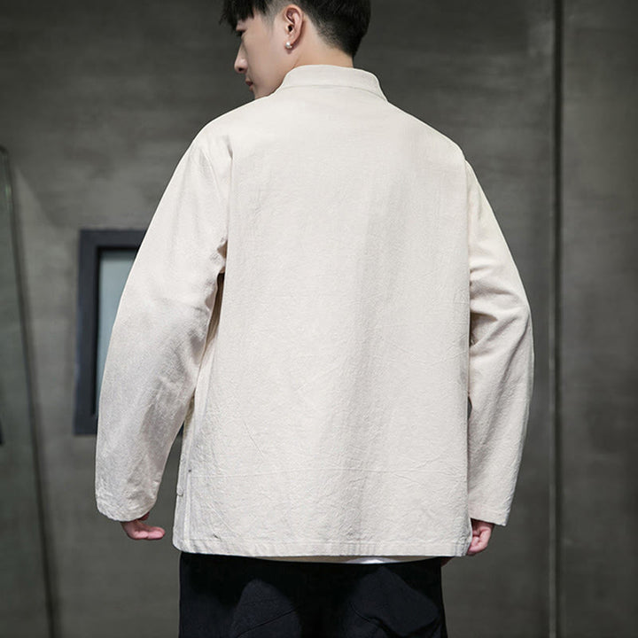 Buddha Stones無地 カエルボタン 唐装 コットンリネン メンズ ジャケット シャツ ポケット付き