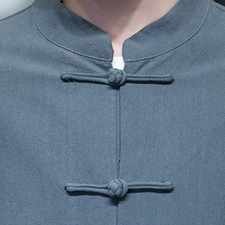 Buddha Stones無地 カエルボタン 唐装 コットンリネン メンズ ジャケット シャツ ポケット付き