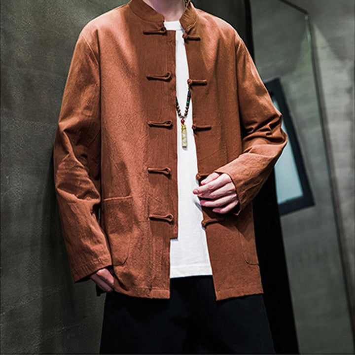 Buddha Stones無地 カエルボタン 唐装 コットンリネン メンズ ジャケット シャツ ポケット付き
