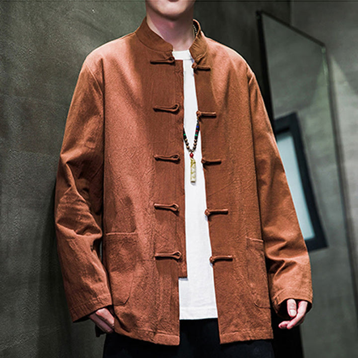 Buddha Stones無地 カエルボタン 唐装 コットンリネン メンズ ジャケット シャツ ポケット付き