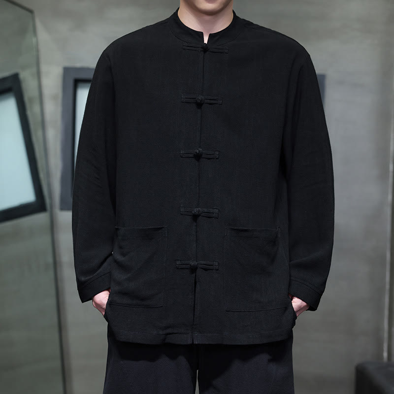 Buddha Stonesカジュアル 無地 フロッグボタン リネン メンズ ジャケット シャツ ポケット付き - 黒 - US/UK/AU46、 EU56 (5XL) - image 8