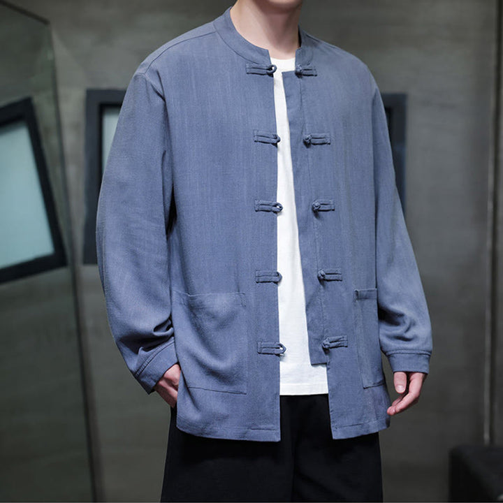 Buddha Stonesカジュアル 無地 フロッグボタン リネン メンズ ジャケット シャツ ポケット付き - image 7