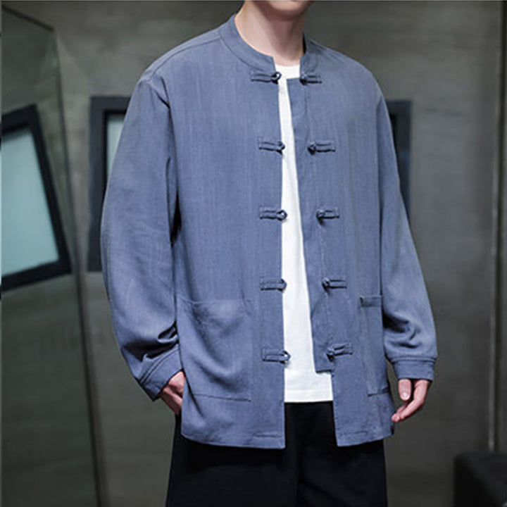 Buddha Stonesカジュアル 無地 フロッグボタン リネン メンズ ジャケット シャツ ポケット付き - image 6