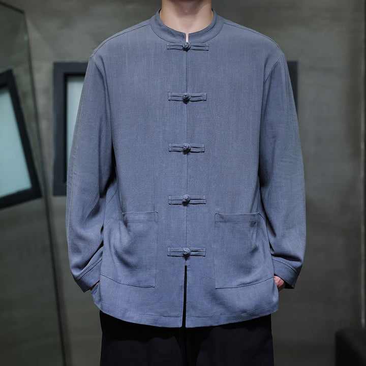 Buddha Stonesカジュアル 無地 フロッグボタン リネン メンズ ジャケット シャツ ポケット付き - ロイヤルブルー - US/UK/AU46、 EU56 (5XL) - image 0
