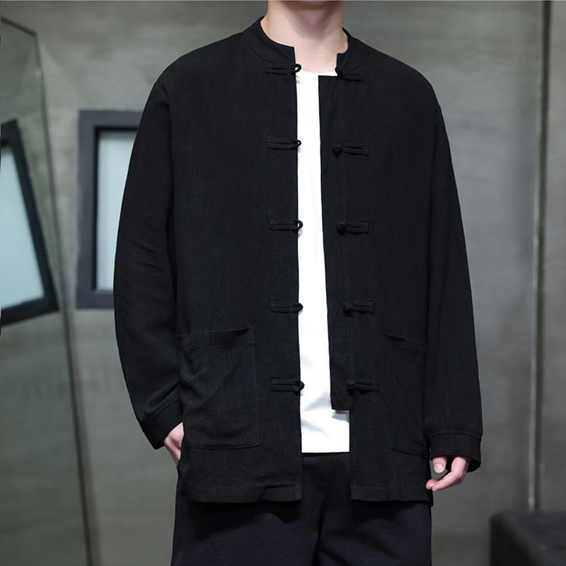 Buddha Stonesカジュアル 無地 フロッグボタン リネン メンズ ジャケット シャツ ポケット付き