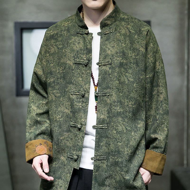 Buddha Stones、葉、花、カエルボタン、唐装、コットンメンズジャケットシャツ  - フォレストグリーン - US/UK/AU46、 EU56 (5XL) - image 0