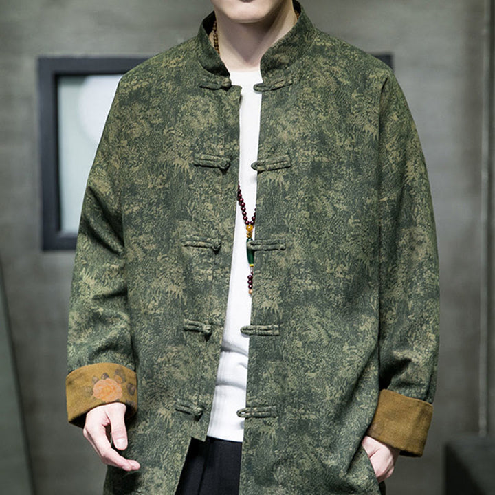 Buddha Stones、葉、花、カエルボタン、唐装、コットンメンズジャケットシャツ  - フォレストグリーン - US/UK/AU46、 EU56 (5XL) - image 0