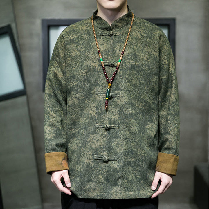 Buddha Stones、葉、花、カエルボタン、唐装、コットンメンズジャケットシャツ  - image 7