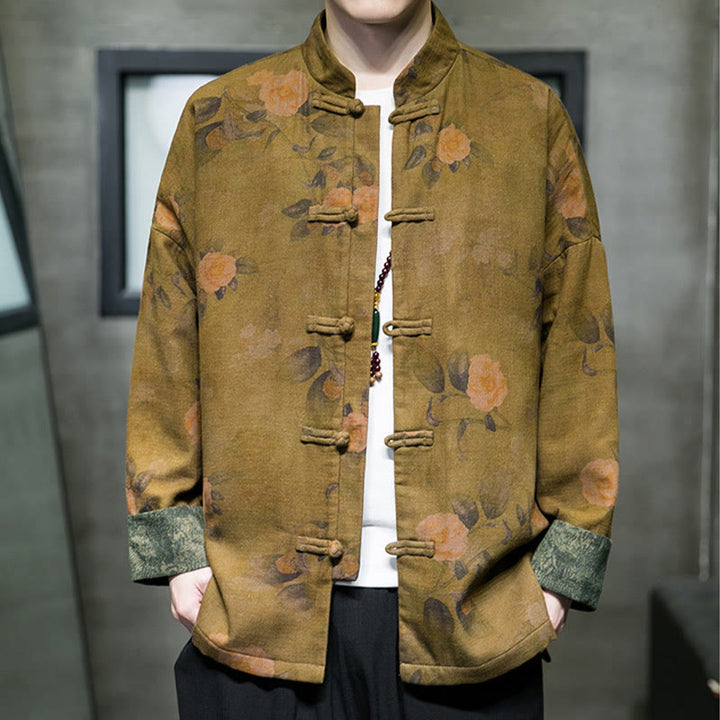 Buddha Stones、葉、花、カエルボタン、唐装、コットンメンズジャケットシャツ  - ゴールデンロッド - US/UK/AU46、 EU56 (5XL) - image 9