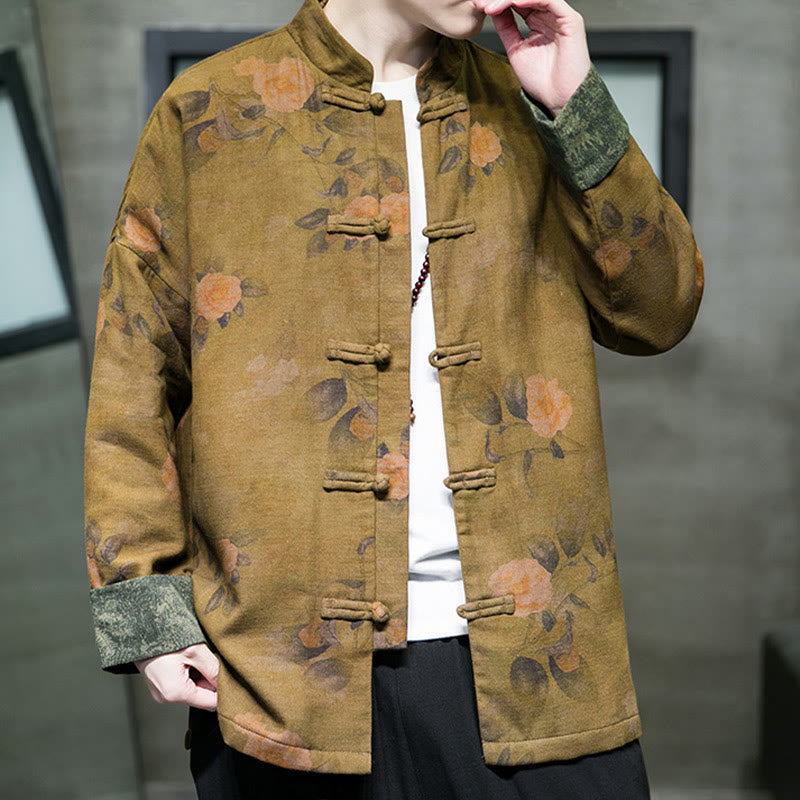 Buddha Stones、葉、花、カエルボタン、唐装、コットンメンズジャケットシャツ  - image 13