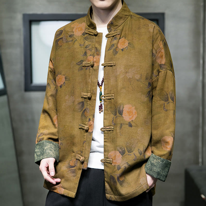 Buddha Stones、葉、花、カエルボタン、唐装、コットンメンズジャケットシャツ  - image 11