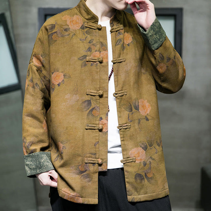 Buddha Stones、葉、花、カエルボタン、唐装、コットンメンズジャケットシャツ  - image 13