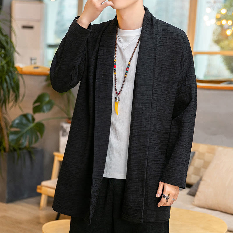Buddha Stones秋冬 シンプル ゆったり 無地 リネン混 メンズ ミドル丈コート - 黒 - US/UK/AU42、 EU52 (3XL) - image 5