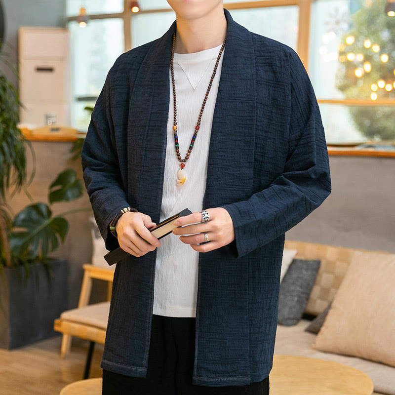 Buddha Stones秋冬 シンプル ゆったり 無地 リネン混 メンズ ミドル丈コート - 海軍 - US/UK/AU42、 EU52 (3XL) - image 16