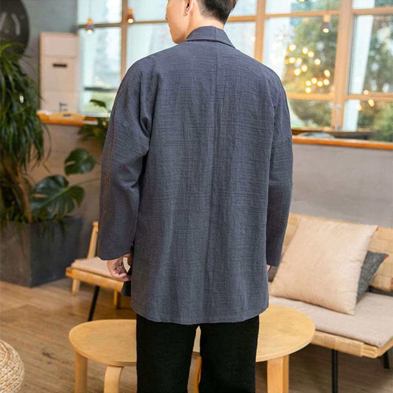 Buddha Stones秋冬 シンプル ゆったり 無地 リネン混 メンズ ミドル丈コート - image 4