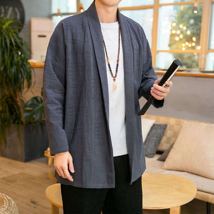 Buddha Stones秋冬 シンプル ゆったり 無地 リネン混 メンズ ミドル丈コート - image 1