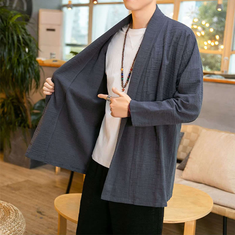 Buddha Stones秋冬 シンプル ゆったり 無地 リネン混 メンズ ミドル丈コート - image 3