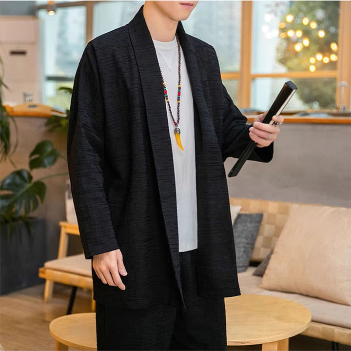 Buddha Stones秋冬 シンプル ゆったり 無地 リネン混 メンズ ミドル丈コート - image 6