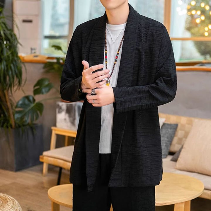 Buddha Stones秋冬 シンプル ゆったり 無地 リネン混 メンズ ミドル丈コート - image 9