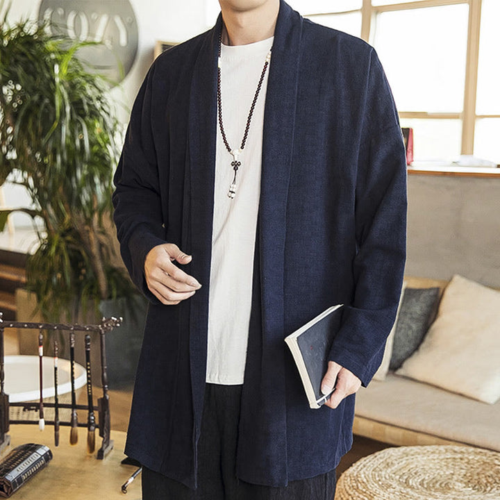 Buddha Stones秋 シンプル カジュアル コットンリネン メンズ ミドル丈コート 服 - ミッドナイトブルー - US/UK/AU42、 EU52 (3XL) - image 6