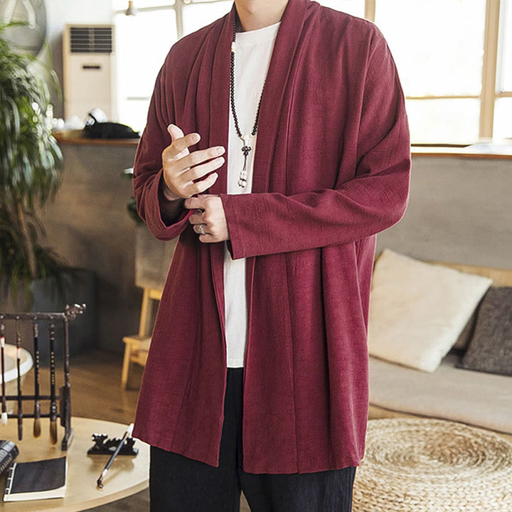 Buddha Stones秋 シンプル カジュアル コットンリネン メンズ ミドル丈コート 服 - ダークレッド - US/UK/AU42、 EU52 (3XL) - image 0
