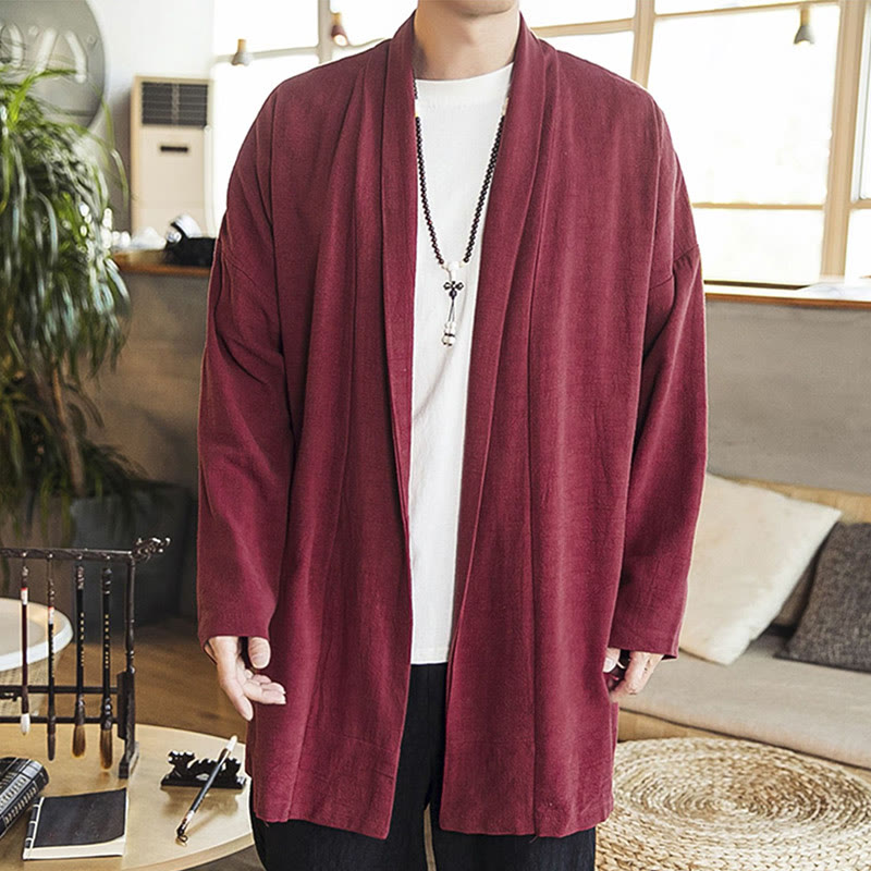 Buddha Stones秋 シンプル カジュアル コットンリネン メンズ ミドル丈コート 服 - image 4