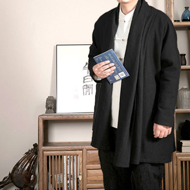 Buddha Stones秋 シンプル ジャカード 禅 プラッシュ コットン裏地 メンズ ミドル丈コート 衣類 - image 7