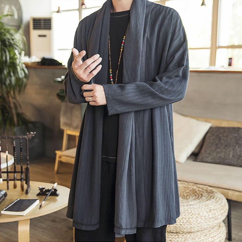 Buddha Stones秋冬 シンプル カジュアル ゆったり 無地 リネン混 メンズ ミドル丈コート - image 1