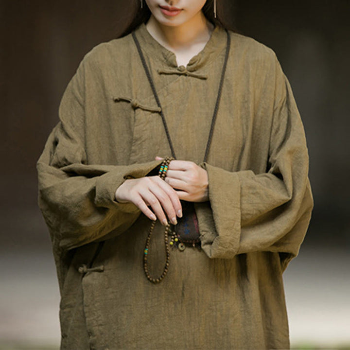 Buddha Stones無地フロッグボタン 長袖 ラミーリネンコットン ミディドレス ポケット付き - image 13