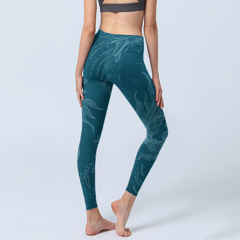 Buddha Stonesブルー鯉 流れる波 プリント ジムレギンス レディース ヨガパンツ - image 4
