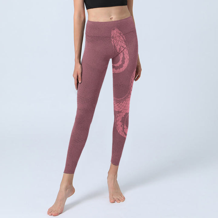 Buddha Stonesピンク スネーク＆スネークスキンプリント ジムレギンス レディース ヨガパンツ - image 5